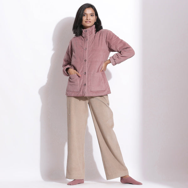 Front View of a Model wearing Mauve Corduroy Quilted Puffer Jacket