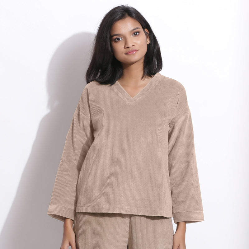 Front View of a Model wearing Taupe Beige Cotton Corduroy V-Neck Top