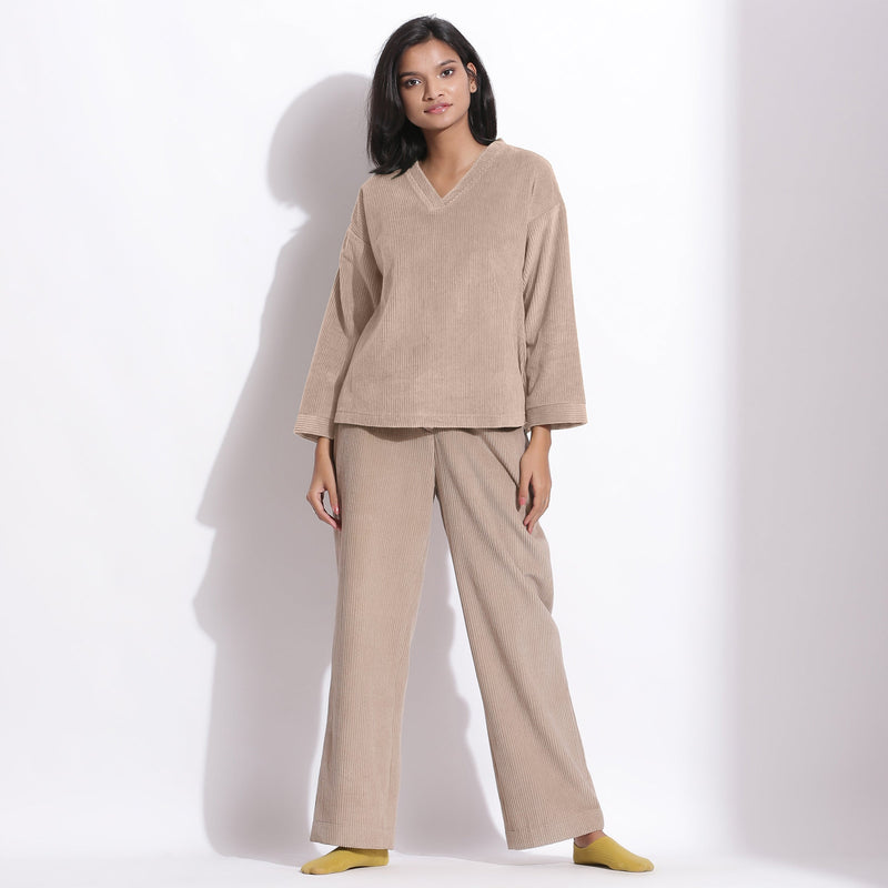 Front View of a Model wearing Taupe Beige Corduroy Top and Trouser Pant Set