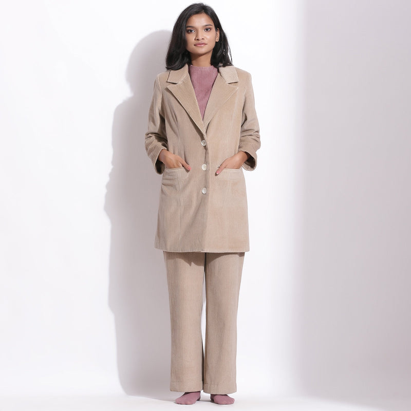 Front View of a Model wearing Taupe Beige Cotton Corduroy Long Coat