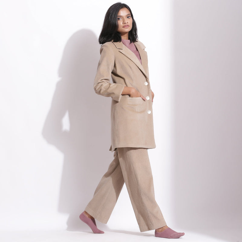 Right View of a Model wearing Taupe Beige Cotton Corduroy Long Coat