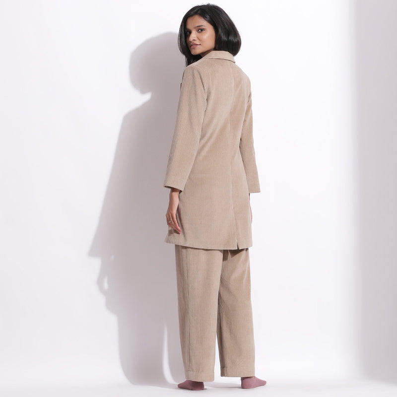 Back View of a Model wearing Taupe Beige Cotton Corduroy Long Coat