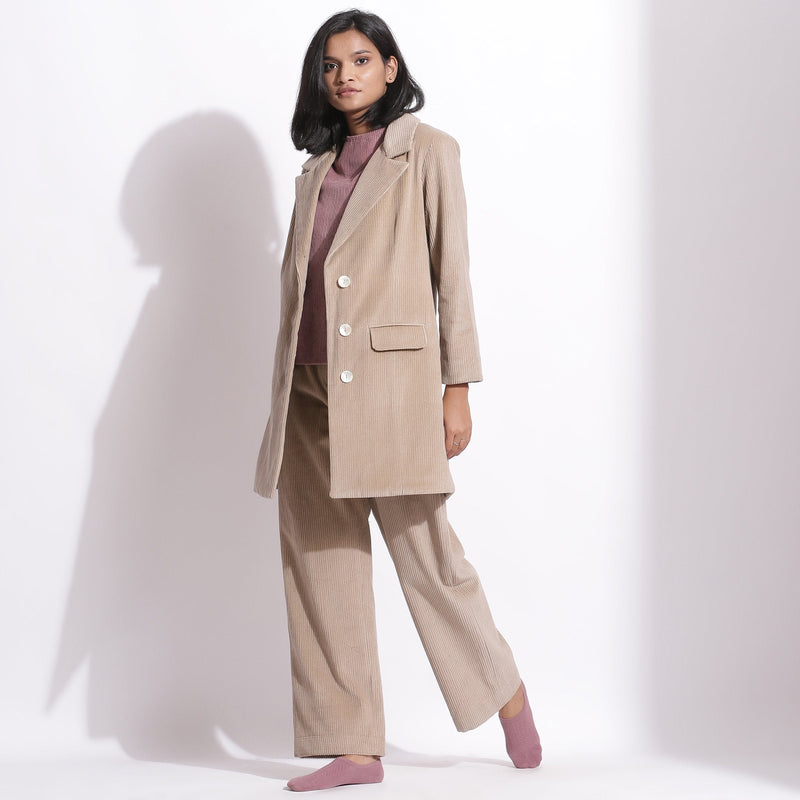 Left View of a Model wearing Taupe Beige Cotton Corduroy Long Coat