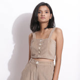 Front View of a Model wearing Taupe Beige Cotton Corduroy Crop Top