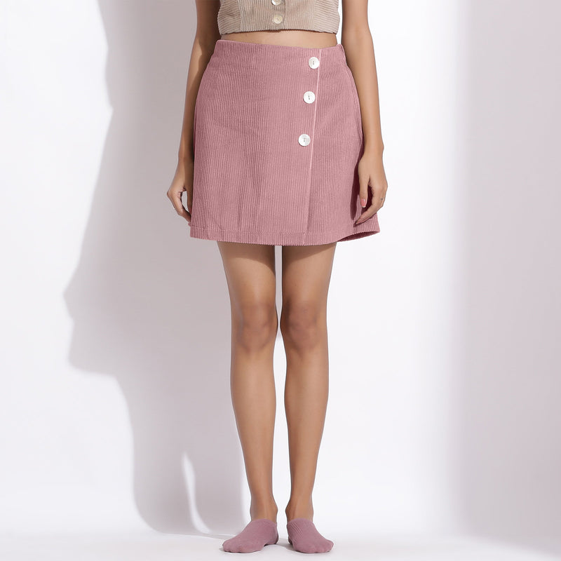 Front View of a Model wearing Mauve Cotton Corduroy Short Skirt