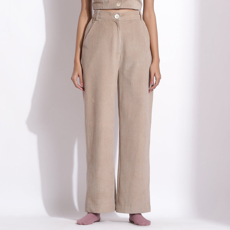 Front View of a Model wearing Taupe Beige Corduroy Wide-Legged Trouser Pant