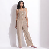 Front View of a Model wearing Taupe Beige Crop Top and Trouser Pant Set