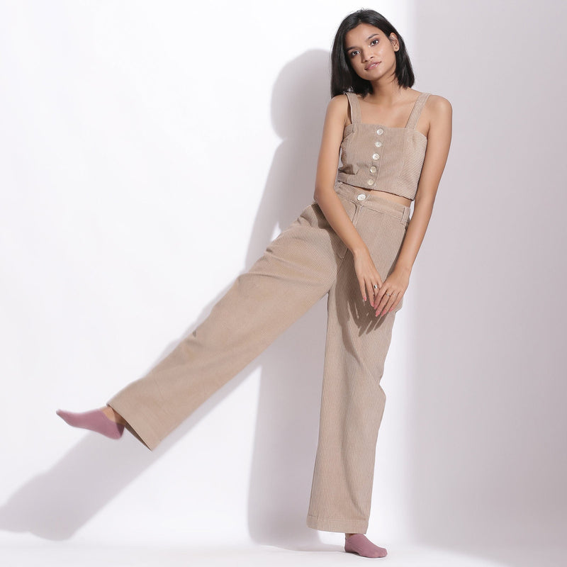 Front View of a Model wearing Taupe Beige Crop Top and Trouser Pant Set