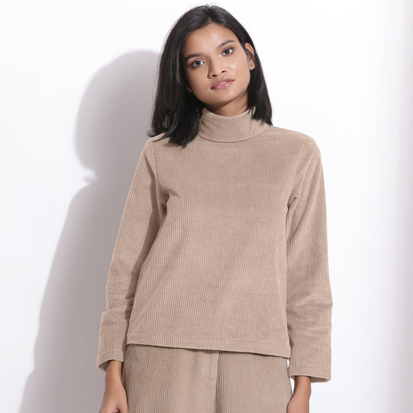 Front View of a Model wearing Taupe Beige Corduroy High Neck Top