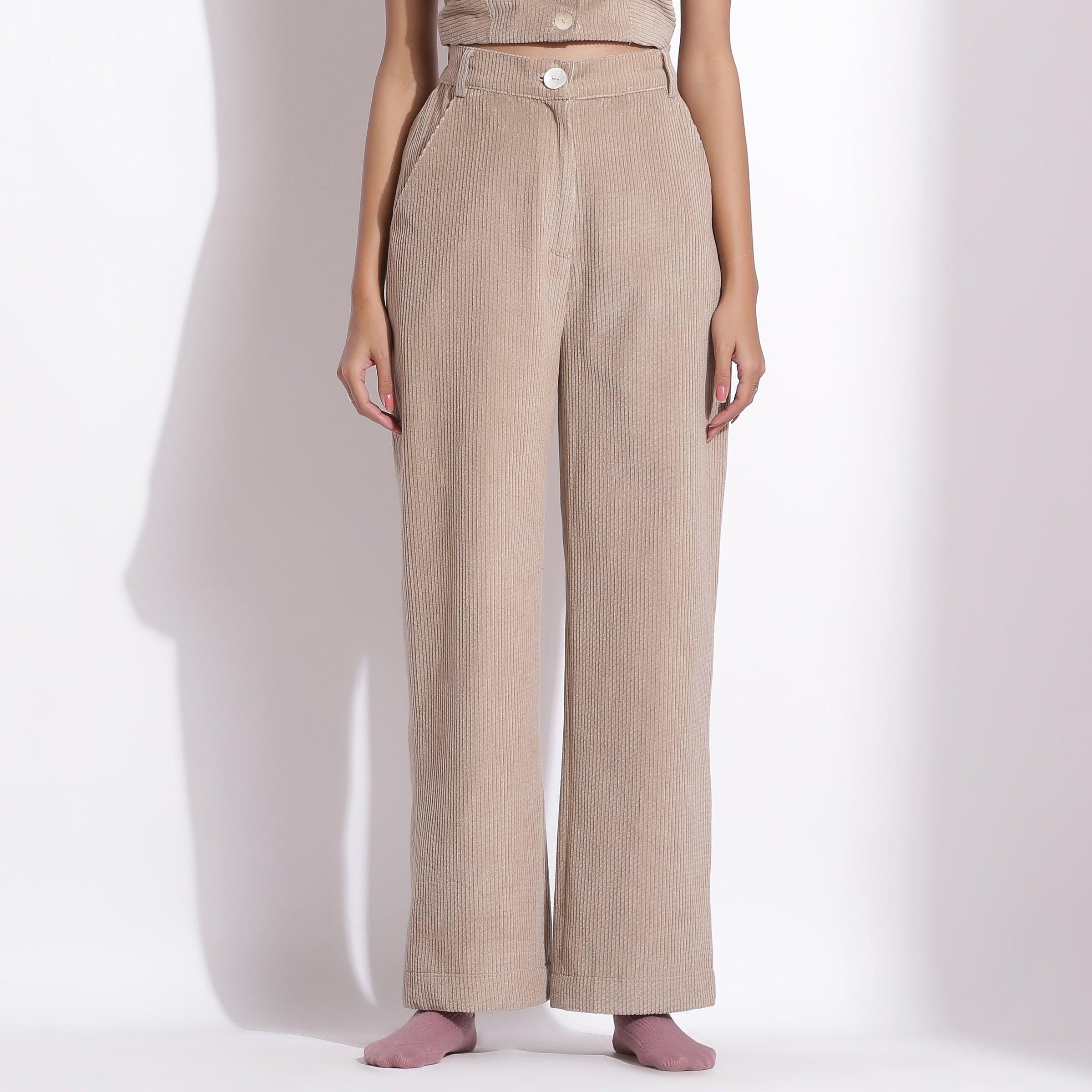  Front View of a Model wearing Taupe Beige Corduroy Wide-Legged Trouser Pant