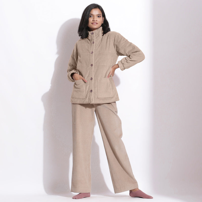 Front View of a Model wearing Taupe Beige Pant and Quilted Jacket Set