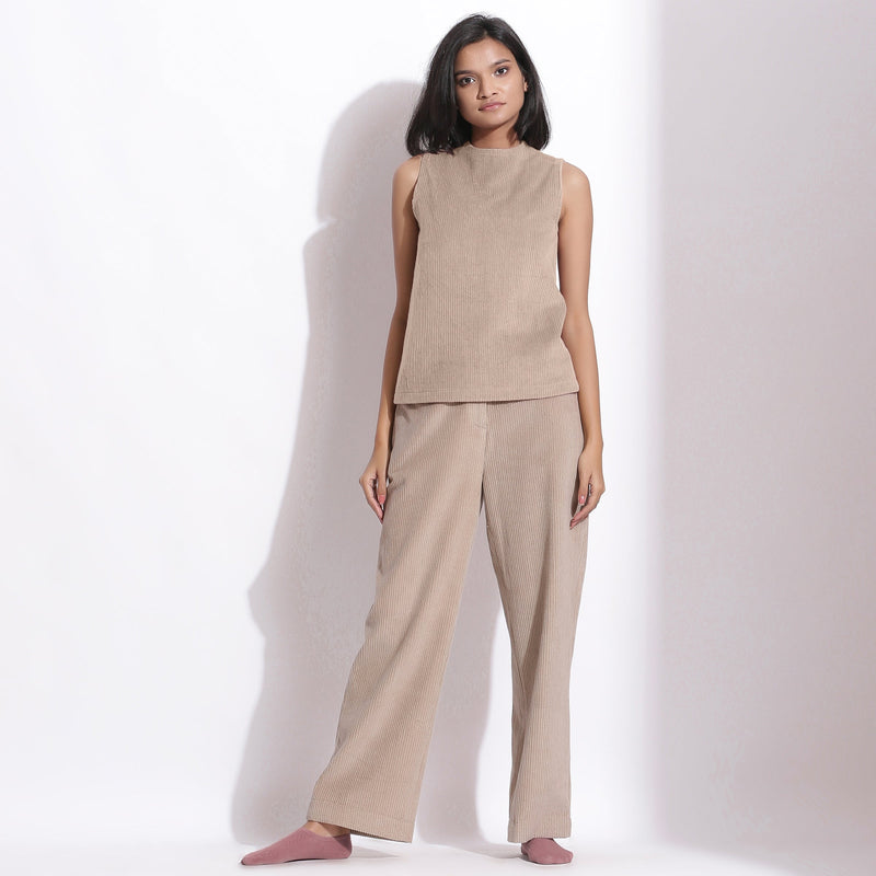 Front View of a Model wearing Taupe Beige Top and Wide-Legged Pant Set