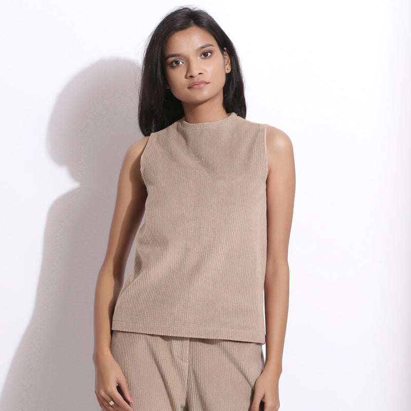Front View of a Model wearing Taupe Beige Cotton Corduroy Funnel Neck Top