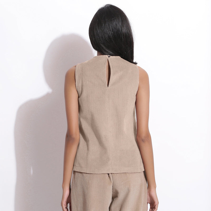 Back View of a Model wearing Taupe Beige Cotton Corduroy Funnel Neck Top