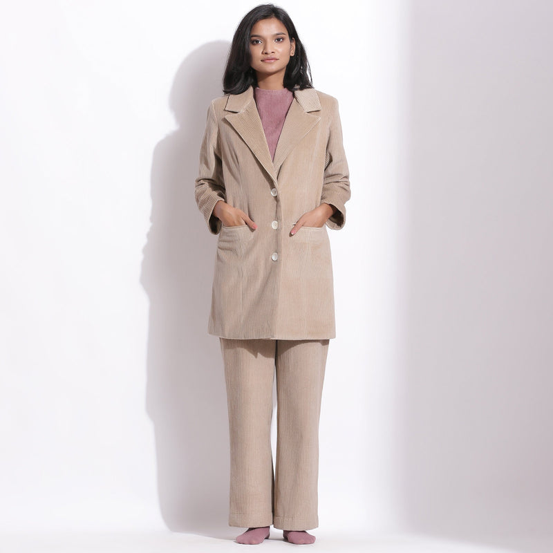 Front View of a Model wearing Taupe Beige Trouser Pant and Long Coat Set