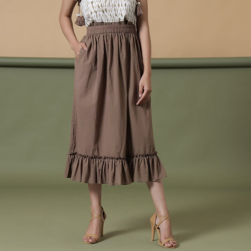 Front View of a Model wearing Taupe A-Line Ruffled Cotton Skirt
