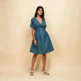 Front View of a Model wearing Teal 100% Cotton Khadi Blouson Dress