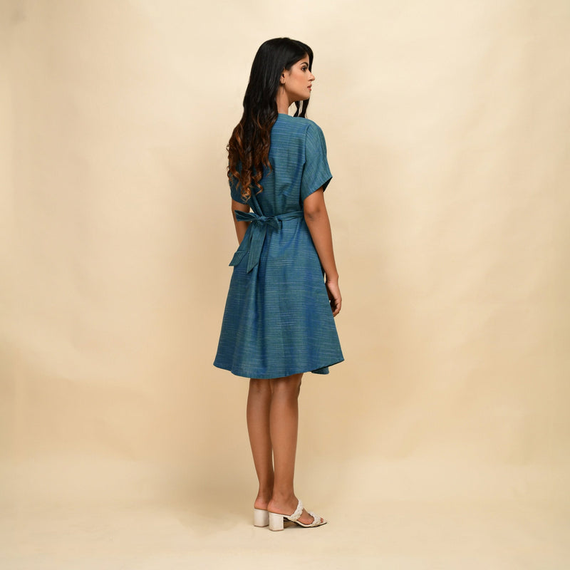 Back View of a Model wearing Teal 100% Cotton Khadi Blouson Dress