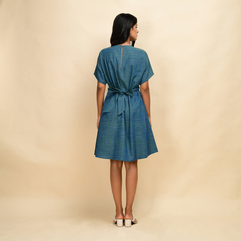 Back View of a Model wearing Teal 100% Cotton Khadi Blouson Dress