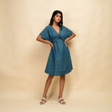 Front View of a Model wearing Teal 100% Cotton Khadi Blouson Dress