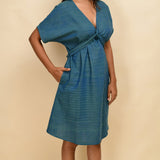 Front Detail of a Model wearing Teal 100% Cotton Khadi Blouson Dress