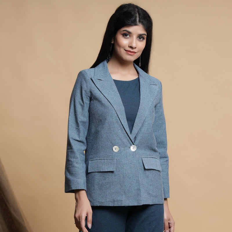 Front View of a Model wearing Turkish Blue Comfort Fit Cotton Blazer