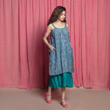 Right View of a Model wearing Teal Chanderi Block Print Tent Dress