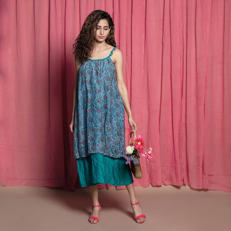Front View of a Model wearing Teal Chanderi Block Print Tent Dress