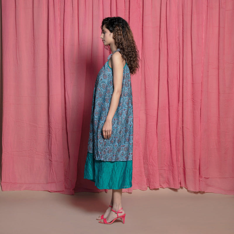 Left View of a Model wearing Teal Chanderi Block Print Tent Dress