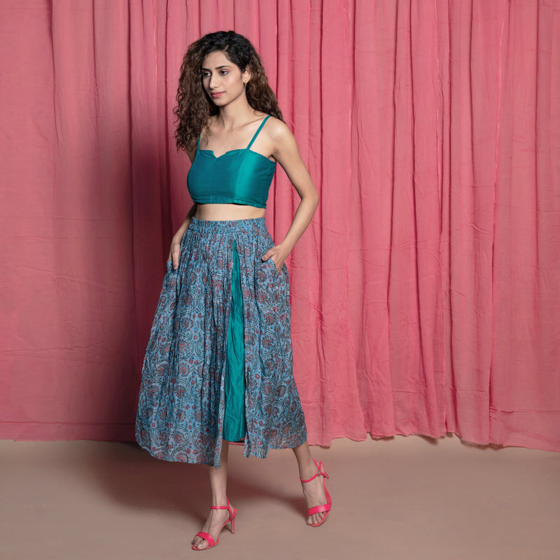 Front View of a Model wearing Teal Chanderi Block Printed Slit Skirt