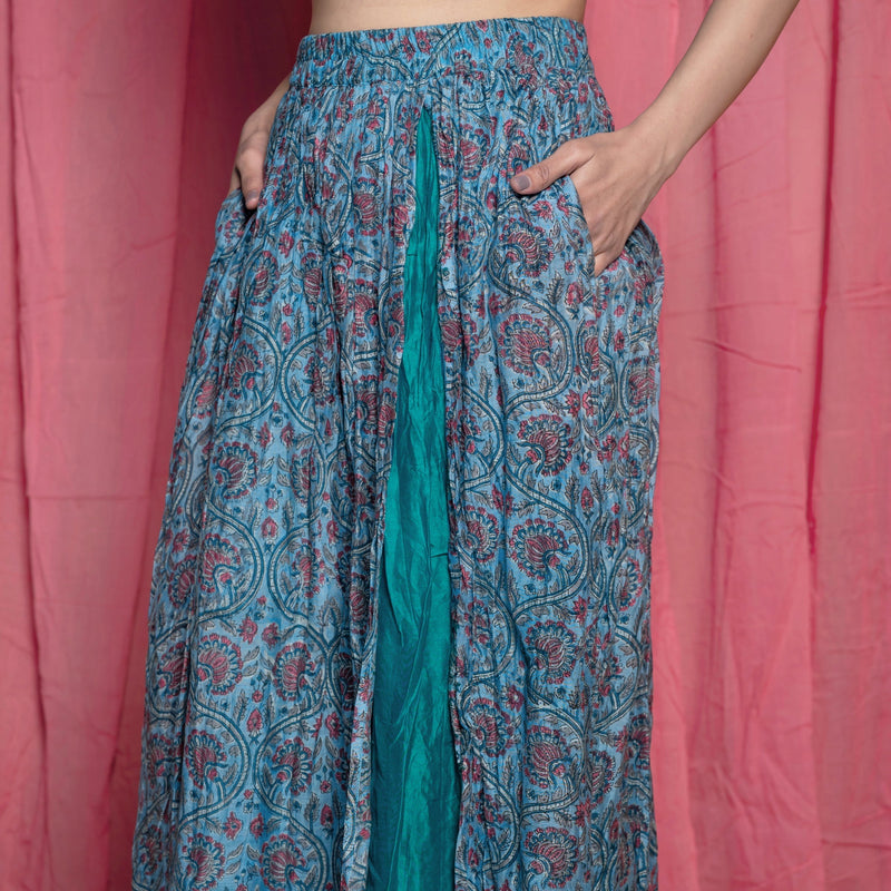 Front Detail of a Model wearing Teal Chanderi Block Printed Slit Skirt