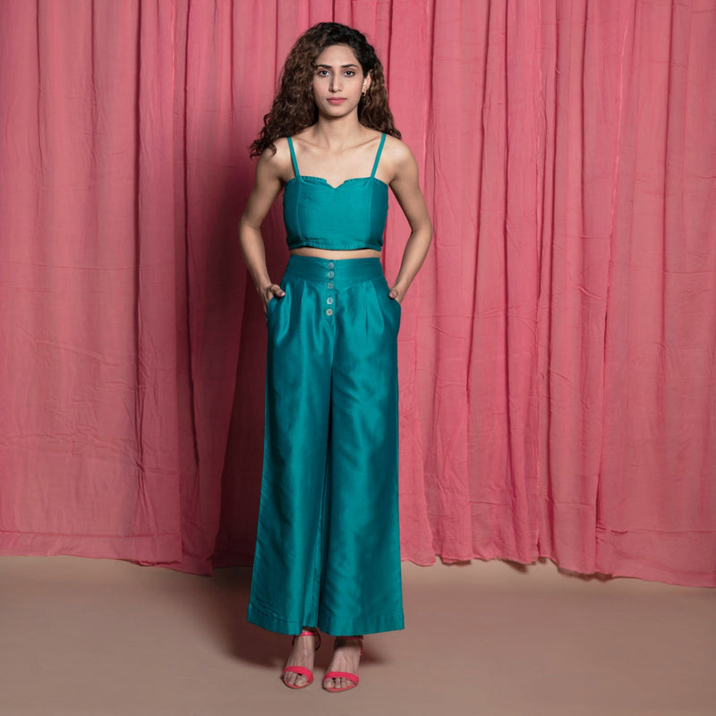 Front View of a Model wearing Teal Chanderi High Rise Wide Legged Pants