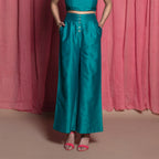Front View of a Model wearing Teal Chanderi High Rise Wide Legged Pants