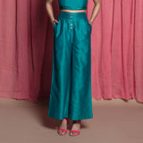 Front View of a Model wearing Teal Chanderi High Rise Wide Legged Pants
