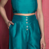 Front Detail of a Model wearing Teal Chanderi High Rise Wide Legged Pants