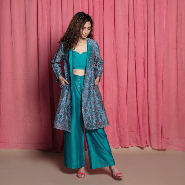 Front View of a Model wearing Teal Cotton Chanderi 3-piece Set