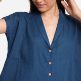 Front Detail of a Model wearing Teal Deep Neck Button-Down Cotton Top