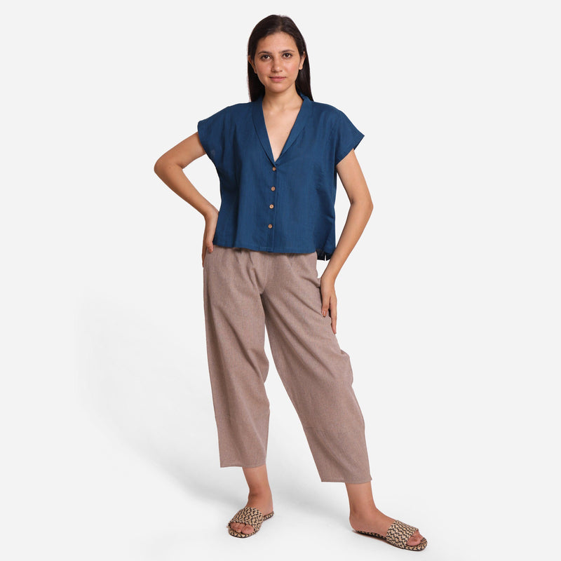 Front View of a Model wearing Teal Cotton Top and Beige Paneled Pant Set