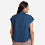 Back View of a Model wearing Teal Deep Neck Button-Down Cotton Top