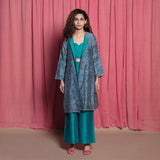 Front View of a Model wearing Teal Hand Block Printed Chanderi Overlay