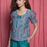 Front Detail of a Model wearing Teal Hand Block Printed Chanderi Paneled Top