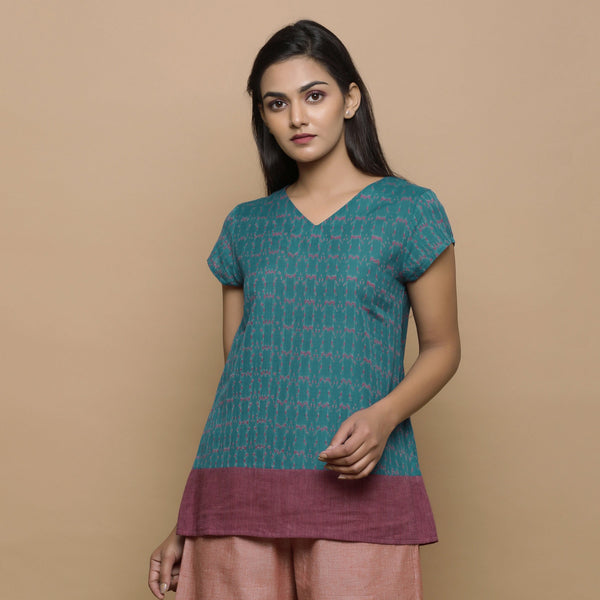 Teal Handwoven Ikat Cotton Cap Sleeve Paneled Top