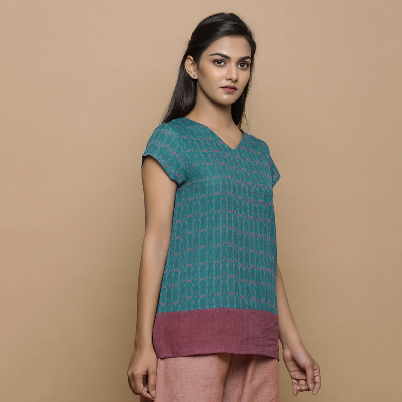 Teal Handwoven Ikat Cotton Cap Sleeve Paneled Top