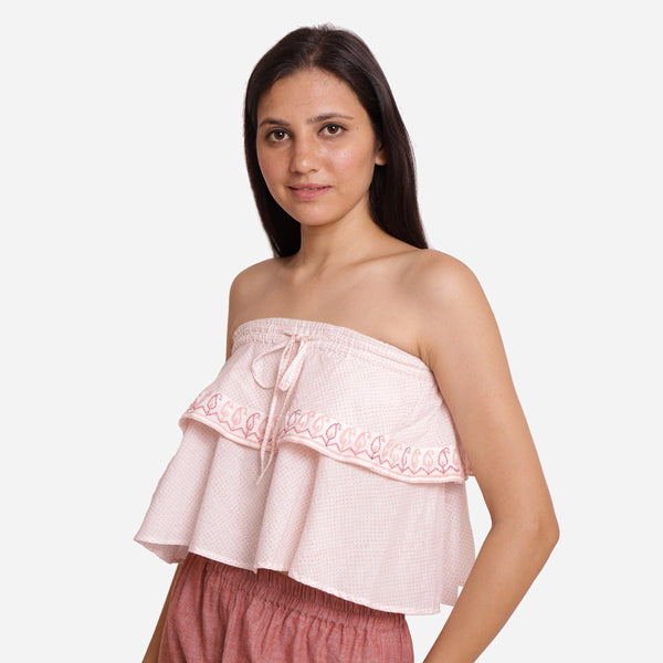 Left View of a Model Wearing Hand Embroidered Relaxed Fit Tube Top