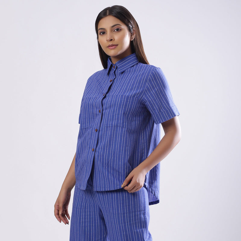 Turkish Blue Striped 100% Cotton Half Sleeve Collared Shirt