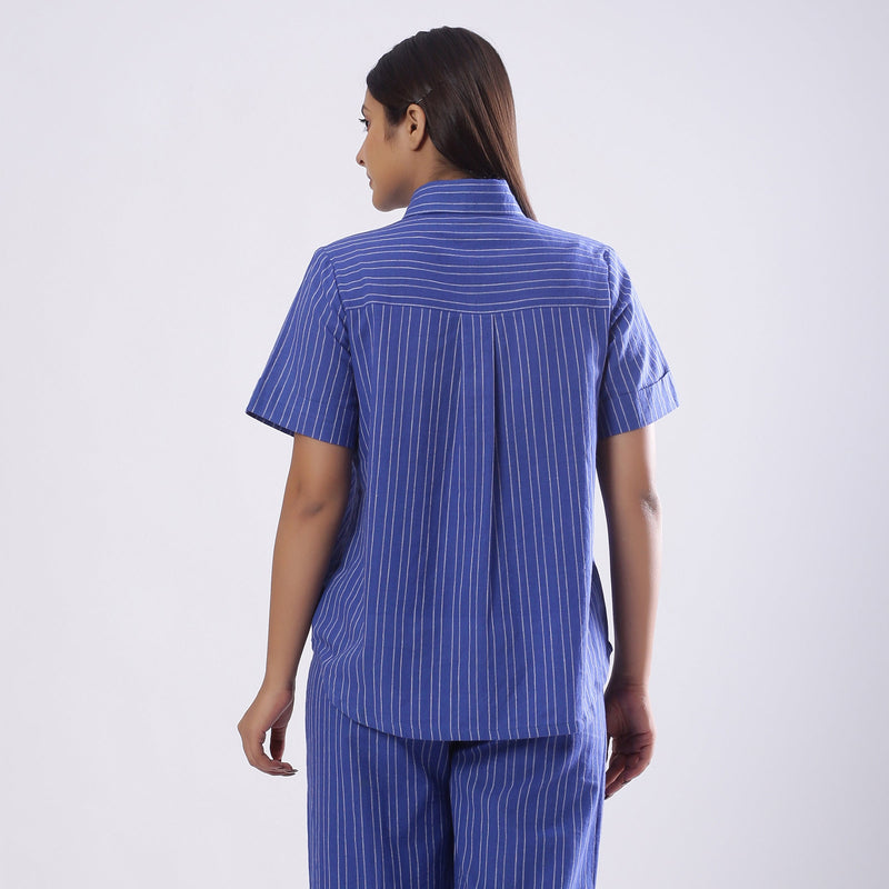 Turkish Blue Striped 100% Cotton Half Sleeve Collared Shirt