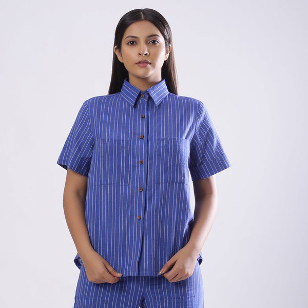 Turkish Blue Striped 100% Cotton Half Sleeve Collared Shirt