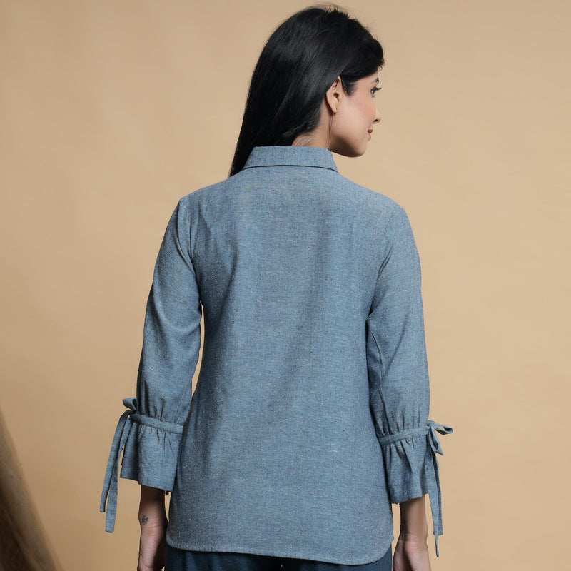 Back View of a Model wearing Turkish Blue Tie-Up Collar Button Down Shirt