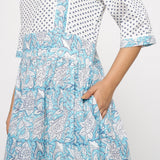 Left Detail of a Model wearing Turquoise Block-Printed Lace Dress