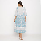 Back View of a Model wearing Turquoise Block-Printed Lace Dress